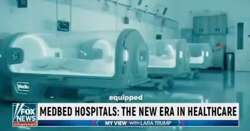 A Fox News segment shows futuristic hospital beds in a sterile room, with the headline: "MEDBED HOSPITALS: THE NEW ERA IN HEALTHCARE" and a program label "MY VIEW WITH LARA TRUMP.
