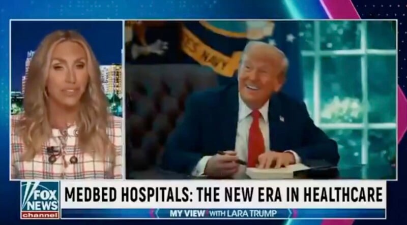 A Fox News segment titled “MEDBED HOSPITALS: THE NEW ERA IN HEALTHCARE” features Lara Trump on the left and Donald Trump smiling at a desk on the right. The show is “MY VIEW WITH LARA TRUMP.”.