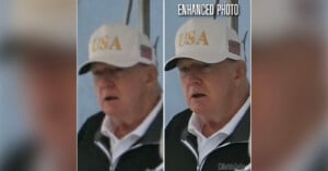 Side-by-side photos of an older man in a white "USA" cap and dark jacket; the left image is blurry, while the right image is much clearer and labeled "ENHANCED PHOTO.