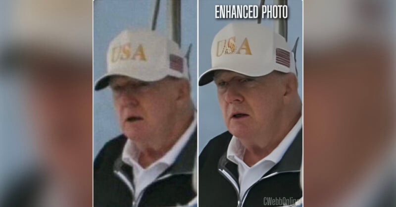 Side-by-side photos of an older man in a white "USA" cap and dark jacket; the left image is blurry, while the right image is much clearer and labeled "ENHANCED PHOTO."