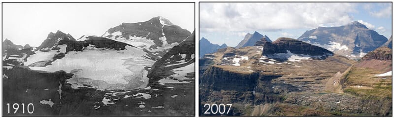 A side-by-side comparison of a glacier in 1910 (left, mostly covered in ice and snow) and the same location in 2007 (right, mostly bare rock with very little ice remaining).