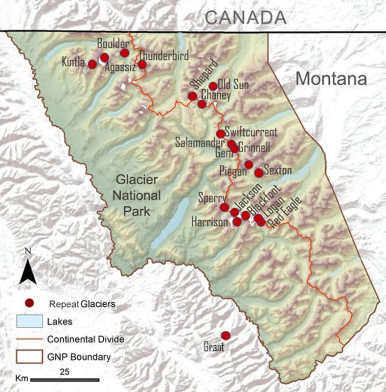 Map of Glacier National Park, USA, showing the locations of repeat glaciers (red dots), lakes (blue), the Continental Divide (gray line), and the park boundary, with neighboring Canada and Montana labeled.