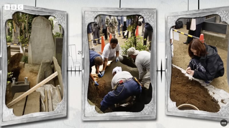 Three photos show: a grave with tools nearby; a group of people digging and working in the dirt, some with gloves and masks; and a woman kneeling by a patch of soil, holding something and looking closely at it.