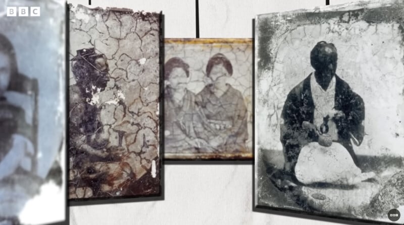 Several old, cracked and faded black-and-white photographs hang against a light background, showing people in traditional clothing. Some of the images are heavily damaged and details are unclear. BBC logo is visible in the corner.