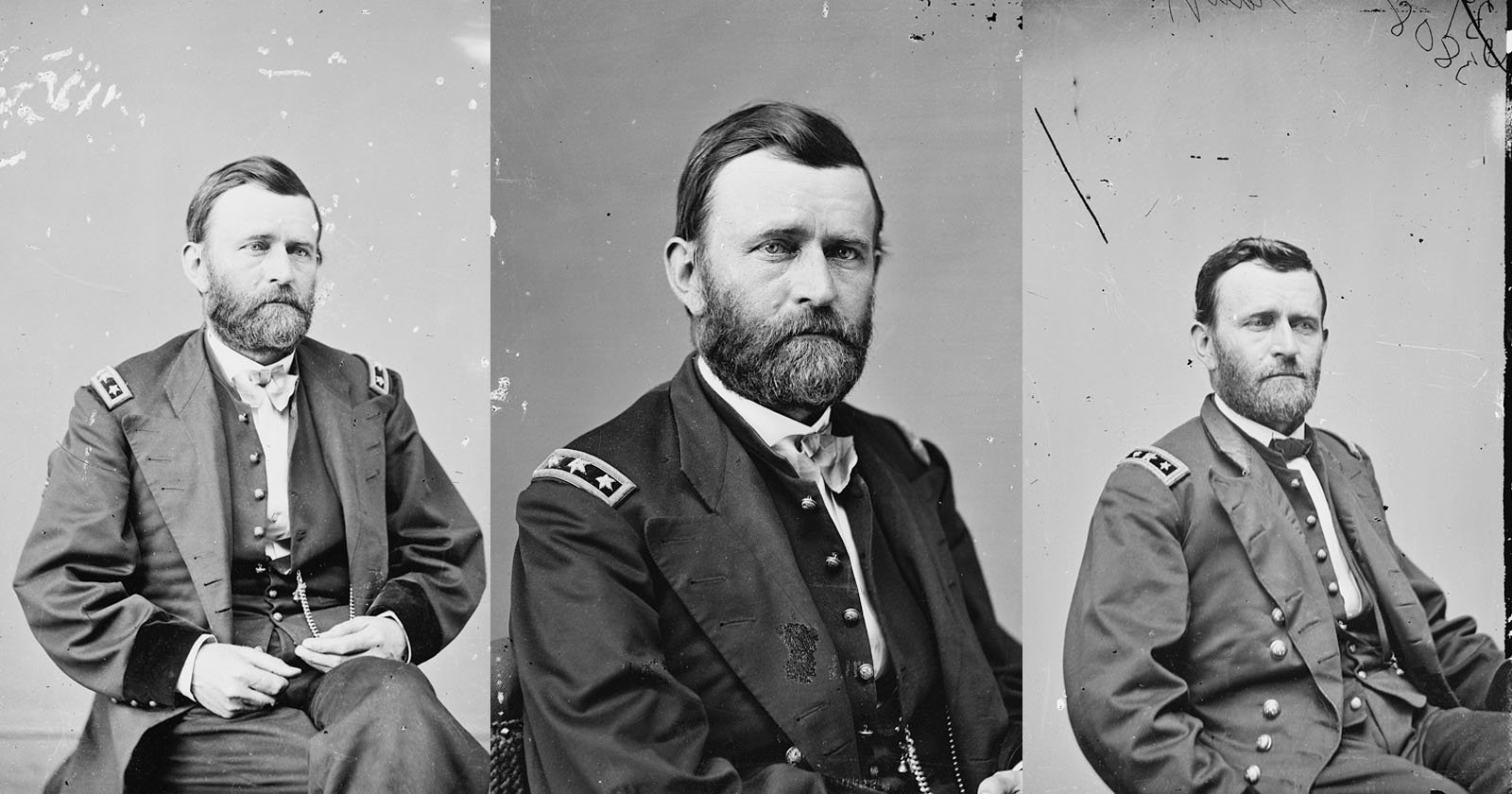 Three black-and-white portraits of a bearded man in a military uniform with shoulder insignia, seated and facing slightly different angles against plain backgrounds.