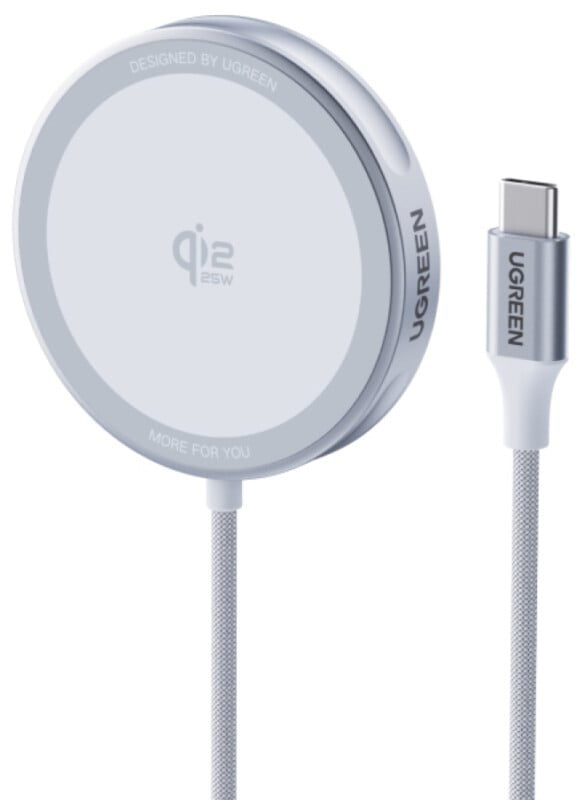 A silver UGREEN magnetic wireless charger with a USB-C connector, featuring the Qi2 25W logo on the circular charging pad and a braided cable attached.