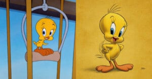 Side-by-side images of Tweety Bird; on the left, the classic cartoon version in a bird cage, and on the right, a modern, detailed illustration with Tweety standing confidently against a yellow background.