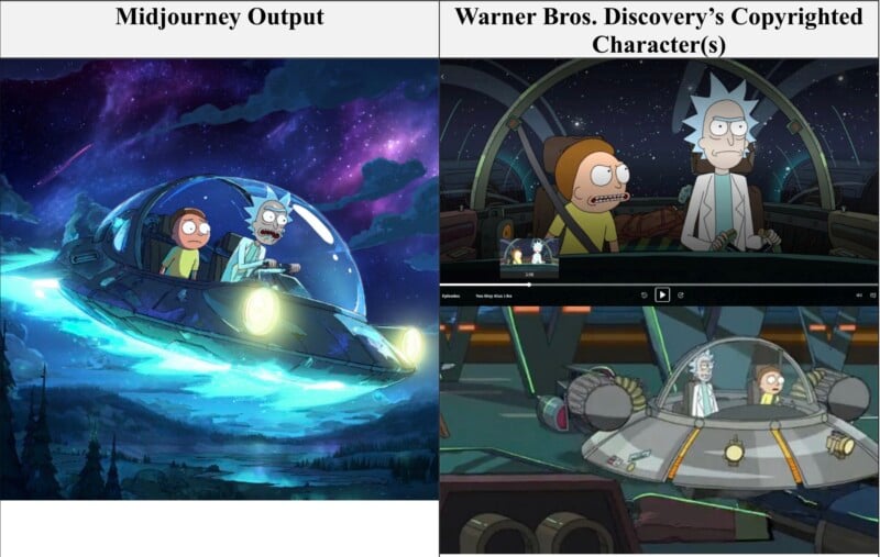 Comparison of two images: on the left, an AI-generated cartoon of two characters in a flying car at night; on the right, two official scenes from "Rick and Morty" showing similar characters and vehicle.