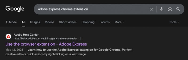 Google search results for "adobe express chrome extension." The top result is from Adobe Help Center, titled "Use the browser extension – Adobe Express," with a brief description and the date May 12, 2025.
