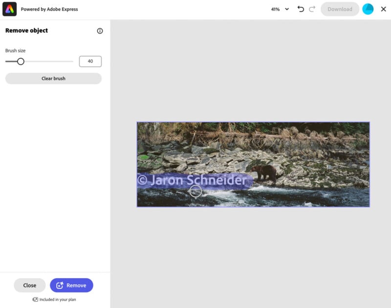 A photo editing screen shows a bear by a rocky riverbank with sheep in the background. The watermark “© Jaron Schneider” is across the image, and editing tools are visible on the left.