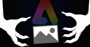Two white, clawed hands reach for a grayscale landscape photo icon in front of a colorful triangular logo on a dark background.