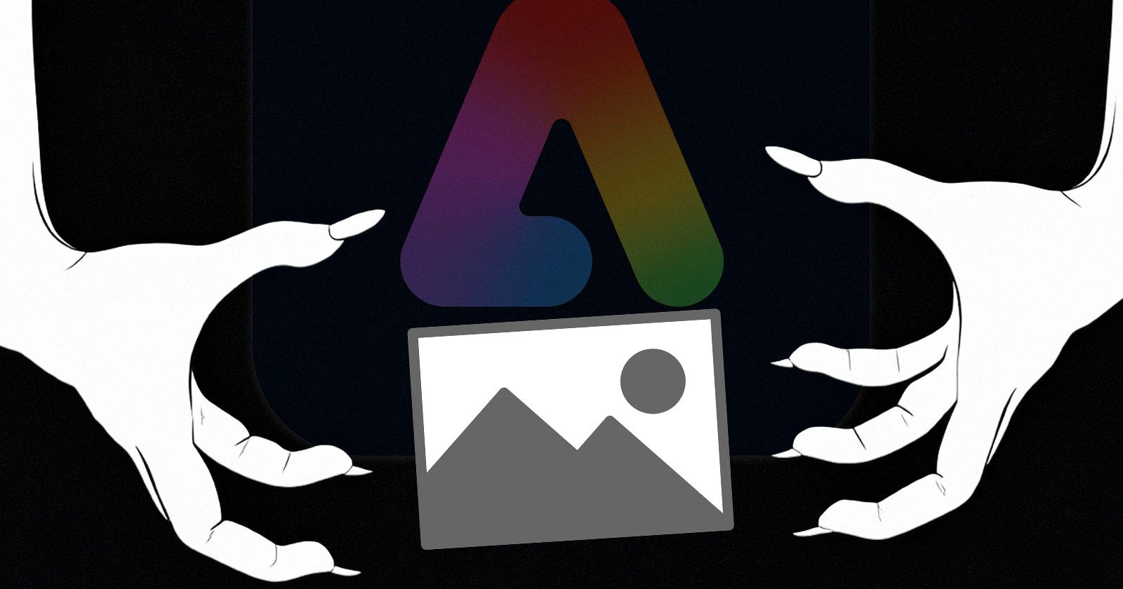 Two white, clawed hands reach for a grayscale landscape photo icon in front of a colorful triangular logo on a dark background.
