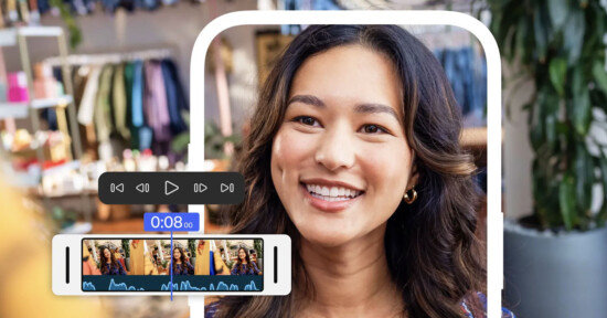 A woman with long dark hair smiles at the camera, surrounded by a bright indoor setting with clothes hanging in the background. Overlaid are video editing icons and a timeline, suggesting she is recording or editing a video.