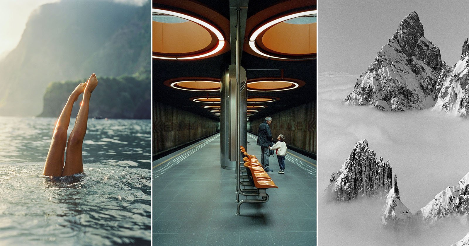 A collage of three images: legs emerging from a calm lake, an empty modern subway platform with two people, and a snowy mountain peak above the clouds.