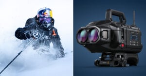 A split image: on the left, a skier in black gear and helmet moves through deep snow; on the right, a large, black, futuristic camera-like device with dual lenses is shown against a blue background.