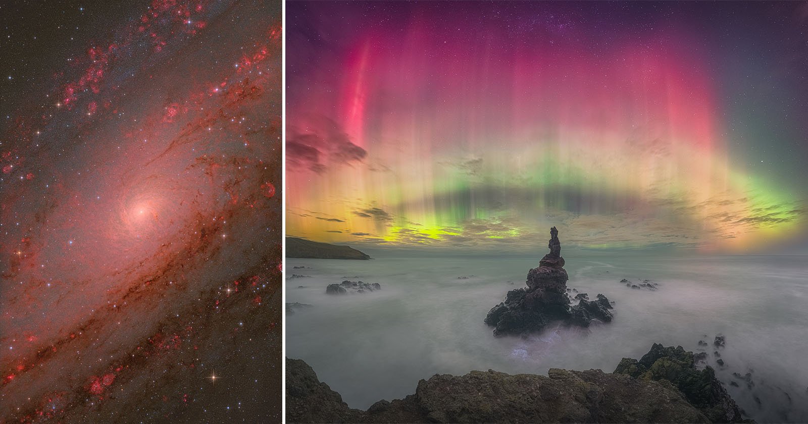 Split image: Left, a spiral galaxy with bright red and yellow details; right, vibrant pink, green, and yellow auroras illuminate a rocky seascape under a starry sky.