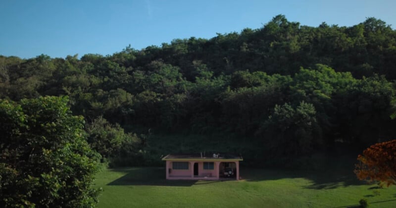 A small pink house sits alone on a neatly mowed lawn, surrounded by dense green trees and a forested hillside under a clear blue sky.