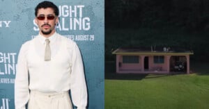 Left: A man wearing sunglasses, a white shirt, tie, and vest stands in front of a blue backdrop with white text. Right: A small, pink house with a flat roof sits on a grassy lawn, surrounded by trees.