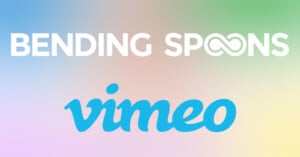 Logos of Bending Spoons and Vimeo on a pastel gradient background. Bending Spoons is written in white with a stylized infinity symbol, and Vimeo is written in blue cursive text below.
