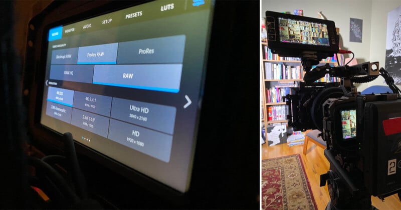 Imagen dividida: la imagen izquierda muestra un primer plano del menú Monitor de la cámara con configuraciones como Original y Ultra HD; La imagen correcta muestra una cámara profesional en un trípode, tomando una habitación llena de estanterías con una gran foto en blanco y negro en la pared.