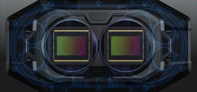 Close-up view of a dual-lens camera system with visible sensors, overlaid by transparent blue graphics highlighting the circuitry and lens structure, resembling high-tech or augmented reality goggles.