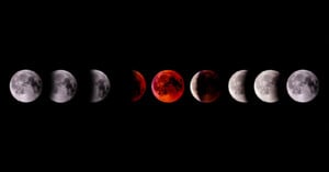 A sequence of eight images shows the phases of a lunar eclipse, transitioning from a full moon to a blood-red moon at totality, then back to a full moon against a black background.