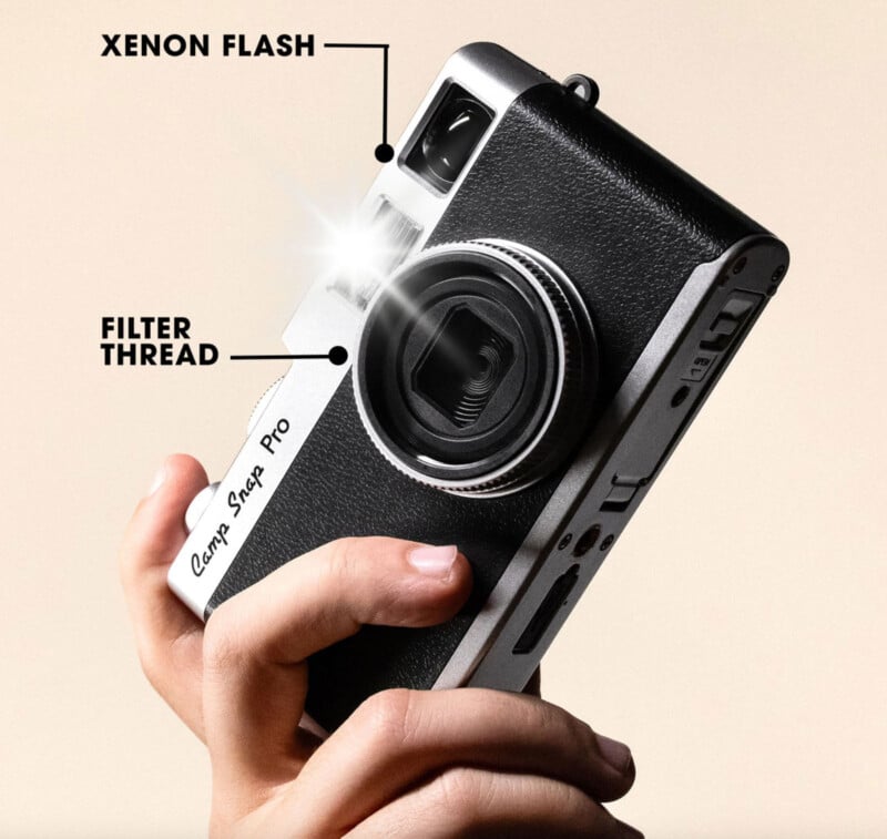 A hand holds a black and silver camera labeled "Camp Snap Pro." Text points to the xenon flash, emitting light, and the filter thread around the lens.