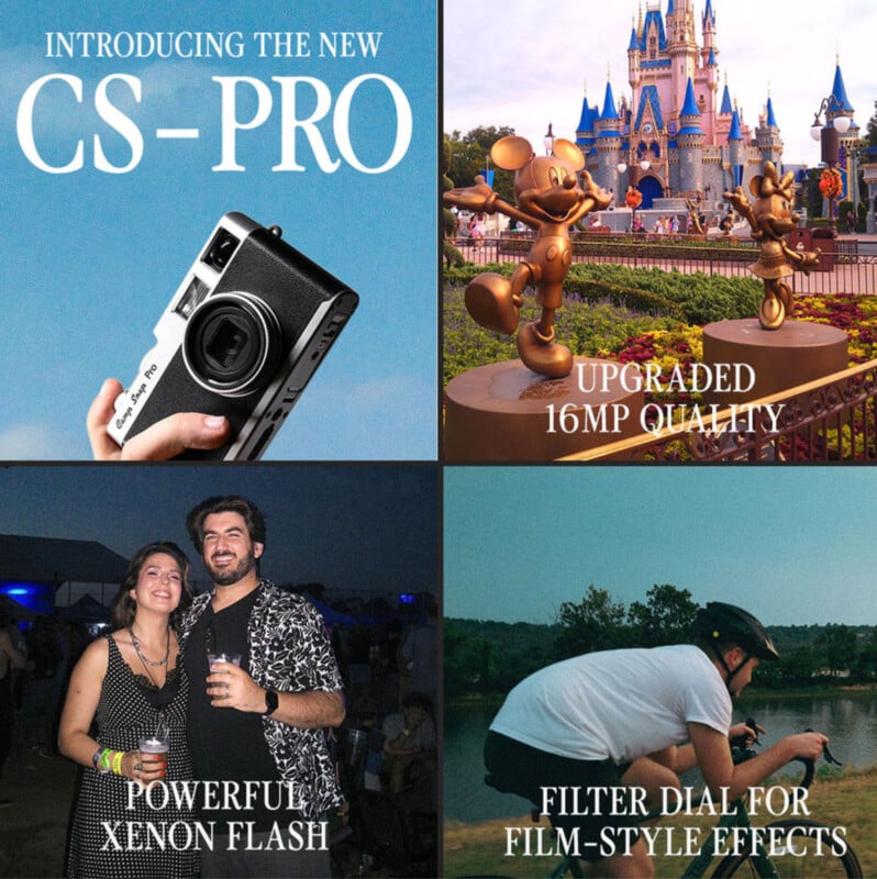 A four-panel ad for the CS-PRO camera features: a camera against a blue sky, a Mickey Mouse statue near a castle, two people smiling at night, and a man by a lake with a camera. Text highlights new features.
