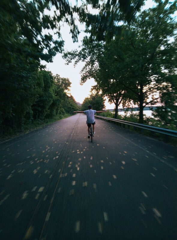 A person rides a bicycle down an empty, tree-lined road at sunset with arms outstretched, surrounded by greenery and scattered leaves on the pavement.
