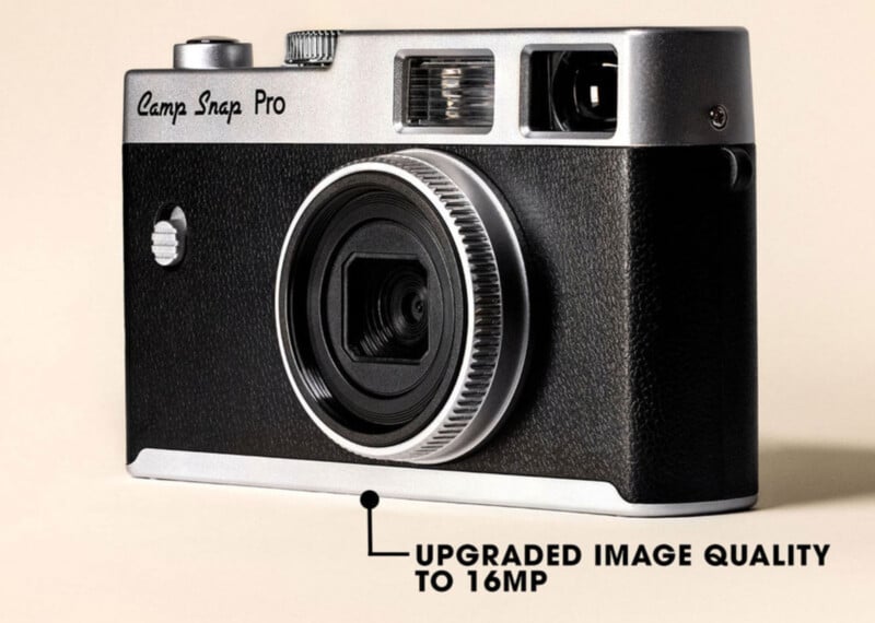 A close-up of a black and silver Camp Snap Pro camera with text pointing to it that reads, "Upgraded image quality to 16MP.