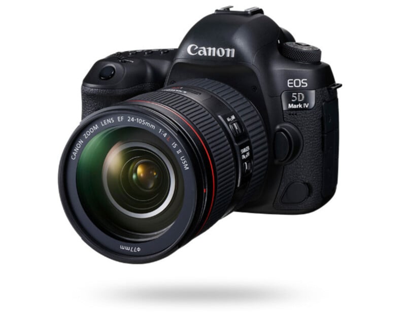 A black Canon EOS 5D Mark IV DSLR camera with a Canon Zoom Lens EF 24-105mm f/4L IS II USM, shown at an angle on a white background.