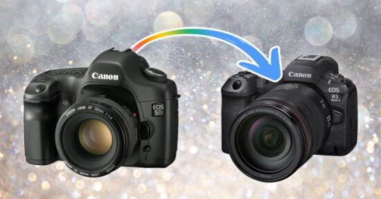 Two Canon cameras are shown side by side on a glittery background. An arrow with a rainbow trail points from the older Canon EOS 5D camera on the left to the newer Canon EOS R5 camera on the right.