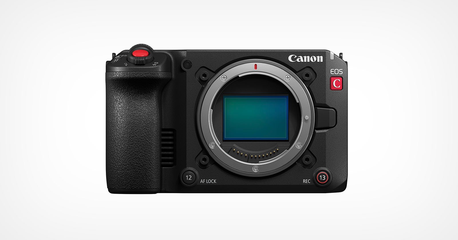 Front view of a Canon EOS C mirrorless digital camera body without a lens, showing the sensor, grip, and various control buttons against a plain white background.