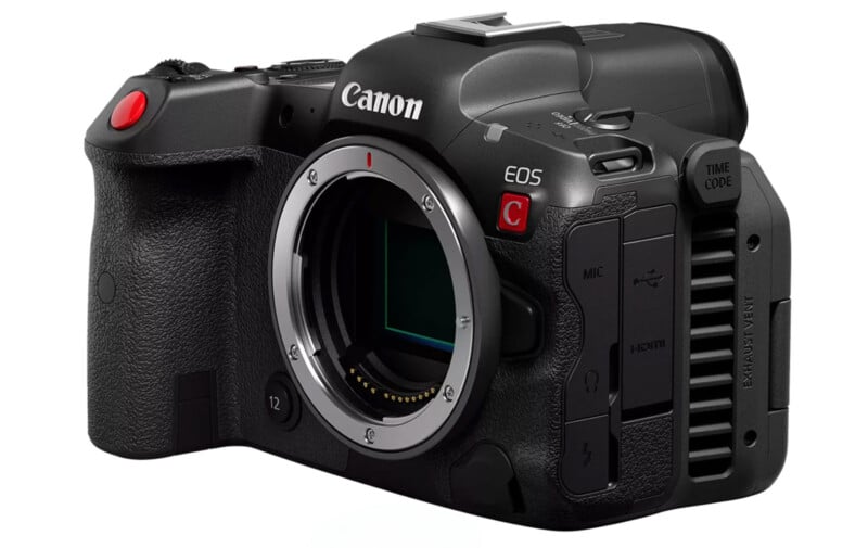 A close-up view of a black Canon EOS camera body, showing the lens mount, controls, and various input/output ports on the side. No lens is attached.