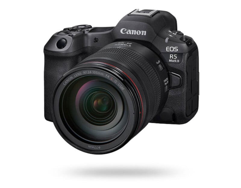 A Canon EOS R5 Mark II mirrorless digital camera with a 24-105mm lens attached, shown against a white background.