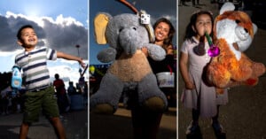 Three photos: A boy plays with bubbles outdoors; a smiling woman holds a giant elephant plush toy at a fair; a girl blows a party horn while holding a large stuffed hamster.
