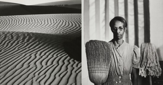 On the left, wind-sculpted ripples cover sand dunes. On the right, a woman in a polka dot dress stands indoors, holding a mop and a broom, with vertical stripes in the background. The image is in black and white.