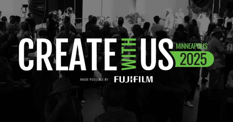 A crowd of people gathers in a studio or event space. Overlaid bold text reads: "CREATE WITH US MINNEAPOLIS 2025," with "Made possible by Fujifilm" below.