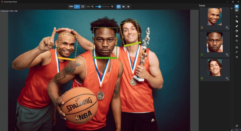 Three basketball players in red jerseys pose for a photo. One holds a trophy, another makes a peace sign, and faces are highlighted with yellow rectangles. A sidebar shows detected faces and cropped headshots on the right.