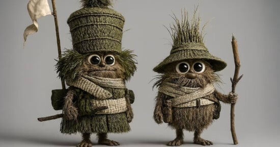 Two small, furry fantasy creatures with big eyes wearing hats and clothes made of grass and straw. One holds a stick and the other carries a flag. Both look whimsical and friendly.