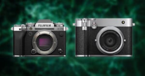 Two Fujifilm cameras are shown side by side on a green abstract background. The left camera displays its sensor without a lens, while the right camera is shown from the front with a lens attached.