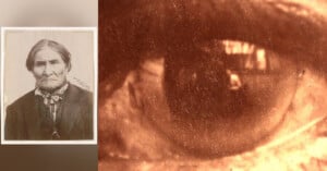 A sepia-toned image showing a close-up of an eye on the right and a black-and-white portrait of an older person with a serious expression and traditional clothing on the left.