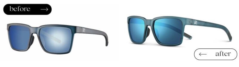 Side-by-side comparison of sunglasses: on the left, the "before" pair has lighter blue lenses and a matte gray frame; on the right, the "after" pair has darker blue lenses and a teal frame with a smoother finish.