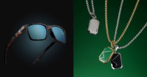 Split image: On the left, tortoiseshell sunglasses with blue lenses on a dark background; on the right, three metallic necklaces with unique geometric pendants on a green background.