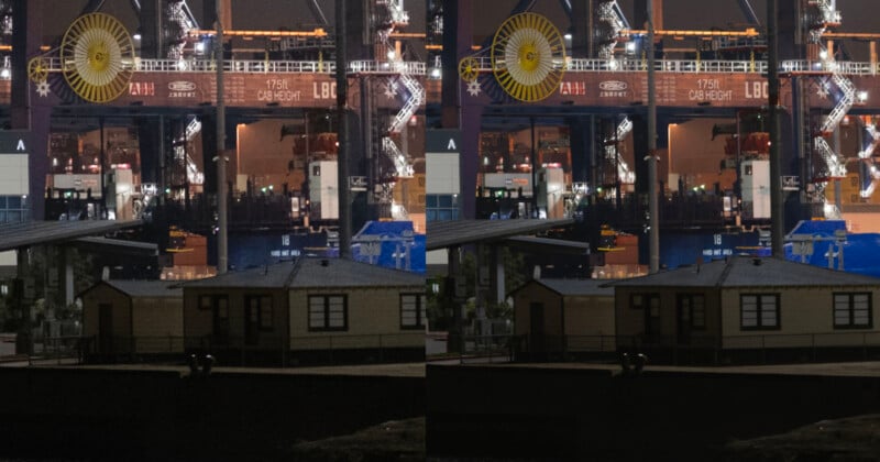 A split image shows a nighttime harbor scene with shipping containers, cranes, and a row of buildings in the foreground. The left half appears darker and less detailed than the brighter, clearer right half.
