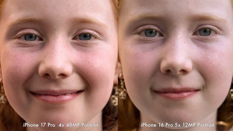 Side-by-side close-up portraits of the same smiling child. The left image is labeled "iPhone 17 Pro 4x 48MP Portrait"; the right, "iPhone 16 Pro 5x 12MP Portrait." Differences in color and detail are visible.