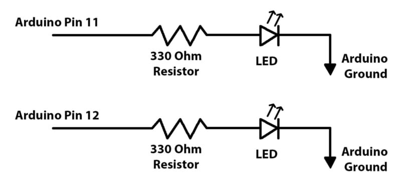  each has an Arduino pin (11 or 12), a 330 Ohm resistor, and an LED connected in series, ending at Arduino ground. The circuits are identical except for the pin numbers.