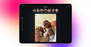 An iPad displays the Instagram app in dark mode, showing a vertical video of two people, one playing a cello and the other looking at the camera. Instagram stories icons are visible at the top.
