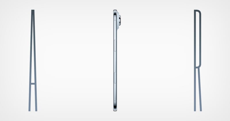 A thin smartphone is shown from the side, flanked by stylized letters “A” and “R,” highlighting its slim profile against a white background.