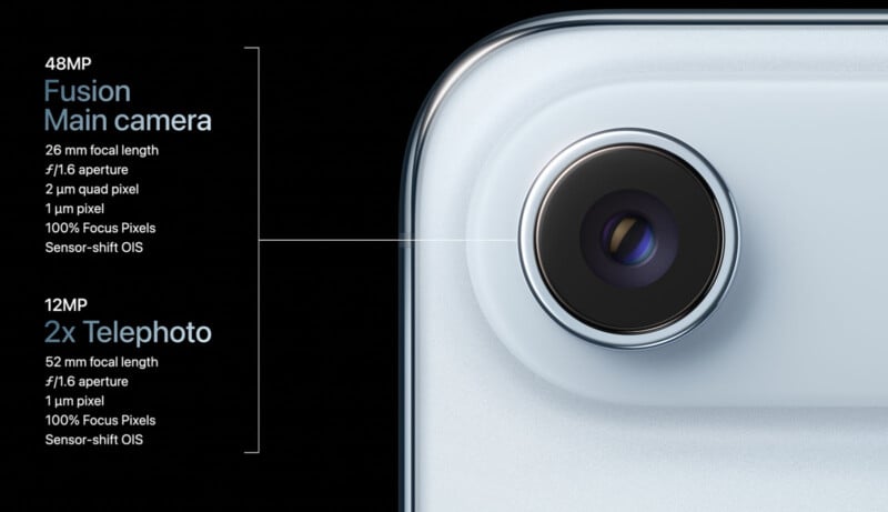 Close-up of a smartphone camera lens with specs listed: 48MP Fusion Main camera (26 mm, f/1.6, 2 µm quad pixel, 100% Focus Pixels, OIS) and 12MP 2x Telephoto (52 mm, f/1.6, 1 µm, 100% Focus Pixels, OIS).